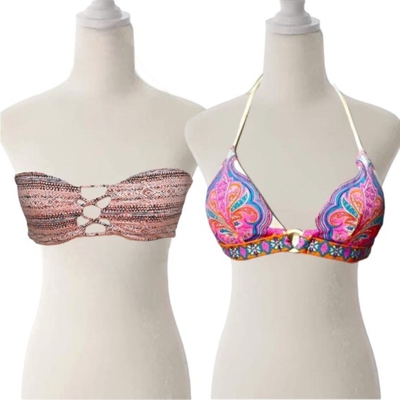2 Bikini Tops Bundle Small Victoria’s Secret Pink Paisley Padded Halter Volcom - Picture 1 of 7